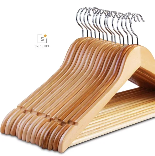 STAR WORK Solid Wood Natural Finish Garment Hangers With Non-Slip Bar And Precisely Cut Notches, 360 Degree Swivel C