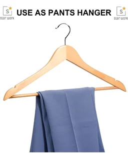 STAR WORK Solid Wood Natural Finish Garment Hangers With Non-Slip Bar And Precisely Cut Notches, 360 Degree Swivel C