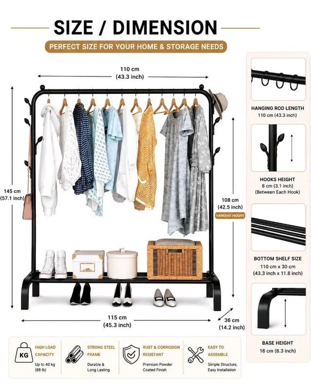 Metal Multifunctional Heavy-Duty Quality Garment Stand Cloth Rack Freestanding Storage Organizer with Bottom Shelves Adjustable Folding Single Pole for Living Room