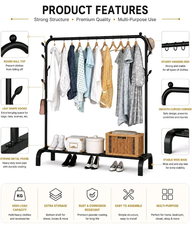 Metal Multifunctional Heavy-Duty Quality Garment Stand Cloth Rack Freestanding Storage Organizer with Bottom Shelves Adjustable Folding Single Pole for Living Room