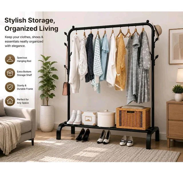 Metal Multifunctional Heavy-Duty Quality Garment Stand Cloth Rack Freestanding Storage Organizer with Bottom Shelves Adjustable Folding Single Pole for Living Room