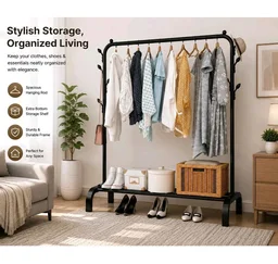 Metal Multifunctional Heavy-Duty Quality Garment Stand Cloth Rack Freestanding Storage Organizer with Bottom Shelves Adjustable Folding Single Pole for Living Room