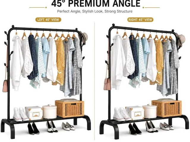 Metal Multifunctional Heavy-Duty Quality Garment Stand Cloth Rack Freestanding Storage Organizer with Bottom Shelves Adjustable Folding Single Pole for Living Room