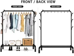 Metal Multifunctional Heavy-Duty Quality Garment Stand Cloth Rack Freestanding Storage Organizer with Bottom Shelves Adjustable Folding Single Pole for Living Room