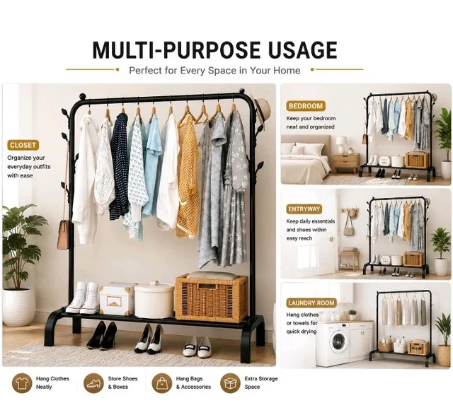 Metal Multifunctional Heavy-Duty Quality Garment Stand Cloth Rack Freestanding Storage Organizer with Bottom Shelves Adjustable Folding Single Pole for Living Room