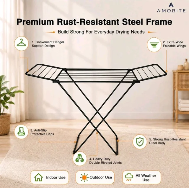 Premium Steel Clothes Drying Stand | Foldable Cloth Dryer Stand, 3-Way Folding Design, Space-Saving Flat Folding Laundry Drying Rack for Indoor & Outdoor