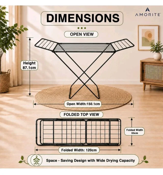 Premium Steel Clothes Drying Stand | Foldable Cloth Dryer Stand, 3-Way Folding Design, Space-Saving Flat Folding Laundry Drying Rack for Indoor & Outdoor