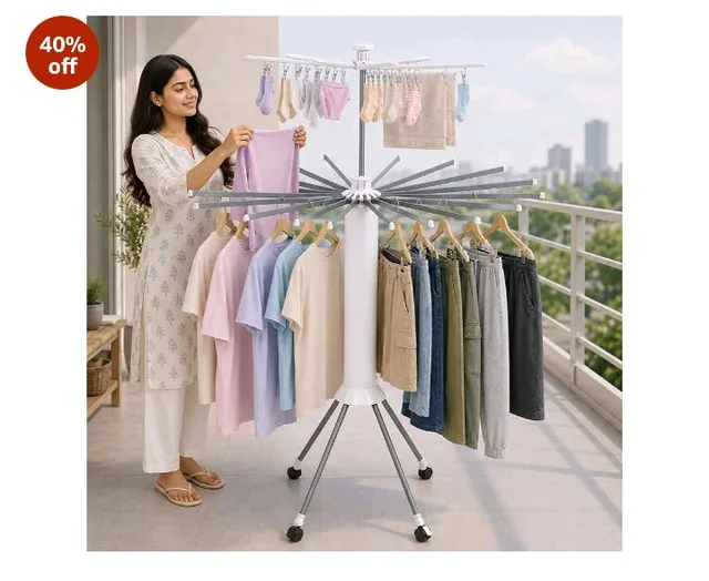 -RO Octopus Clothes Drying Stand with Lockable Wheels Stand | 2 Layer Steel Cloth Dryer Stand | 360° Rotating Top Hanger | Foldable Heavy Duty Cloth Hanging Stand for Balcony, Indoor & Outdoor
100+ bought in past month