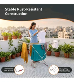 Heavy Duty Stainless Steel Foldable Cloth Dryer Stand | Strong Build | 3-Way Folding | Anti-Corrosion | PVC Bushes | Easy to Carry | 42 Ft Drying Length | Expandable Wings | 17 Rails | Pack of
