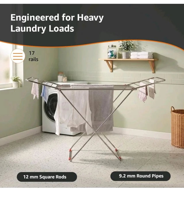 Heavy Duty Stainless Steel Foldable Cloth Dryer Stand | Strong Build | 3-Way Folding | Anti-Corrosion | PVC Bushes | Easy to Carry | 42 Ft Drying Length | Expandable Wings | 17 Rails | Pack of