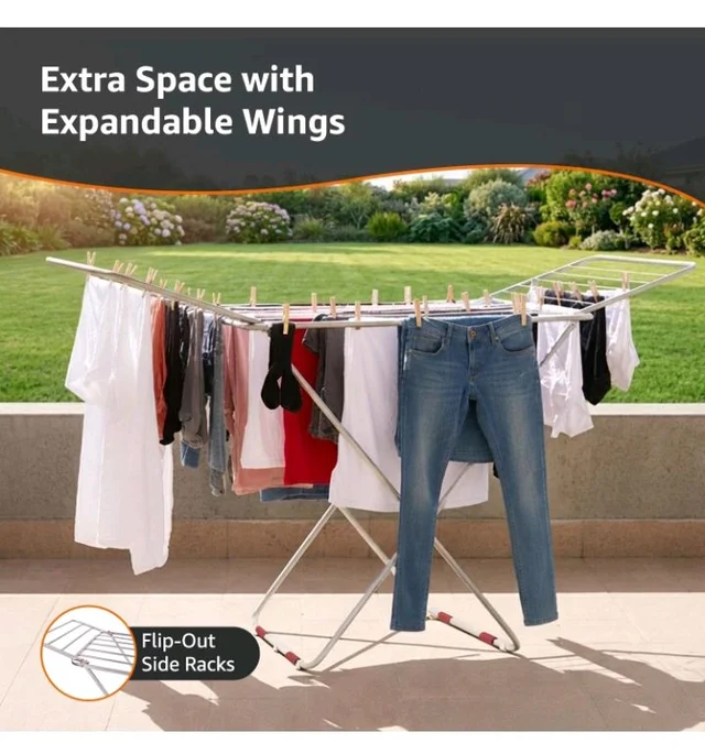 Heavy Duty Stainless Steel Foldable Cloth Dryer Stand | Strong Build | 3-Way Folding | Anti-Corrosion | PVC Bushes | Easy to Carry | 42 Ft Drying Length | Expandable Wings | 17 Rails | Pack of