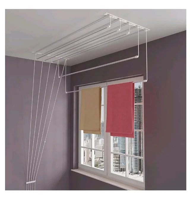 BonKaso Heavy Duty Stainless Steel Ceiling Cloth Dryer (6 Feet x 6 Pipes) | (180D x 72W x 10H cm) UV Protected Nylon Ropes | Drop Down Clothes Stand for Drying | Space-Saving Clothes Hanger for Home