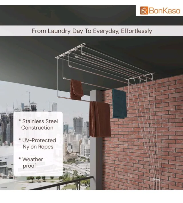 BonKaso Heavy Duty Stainless Steel Ceiling Cloth Dryer (6 Feet x 6 Pipes) | (180D x 72W x 10H cm) UV Protected Nylon Ropes | Drop Down Clothes Stand for Drying | Space-Saving Clothes Hanger for Home