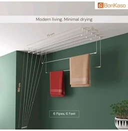 BonKaso Heavy Duty Stainless Steel Ceiling Cloth Dryer (6 Feet x 6 Pipes) | (180D x 72W x 10H cm) UV Protected Nylon Ropes | Drop Down Clothes Stand for Drying | Space-Saving Clothes Hanger for Home