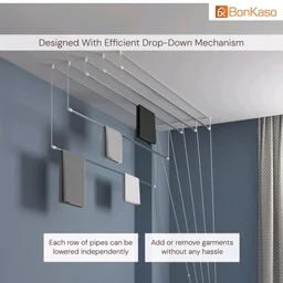 BonKaso Heavy Duty Stainless Steel Ceiling Cloth Dryer (6 Feet x 6 Pipes) | (180D x 72W x 10H cm) UV Protected Nylon Ropes | Drop Down Clothes Stand for Drying | Space-Saving Clothes Hanger for Home