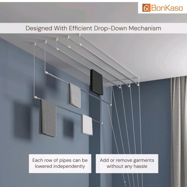 BonKaso Heavy Duty Stainless Steel Ceiling Cloth Dryer (6 Feet x 6 Pipes) | (180D x 72W x 10H cm) UV Protected Nylon Ropes | Drop Down Clothes Stand for Drying | Space-Saving Clothes Hanger for Home