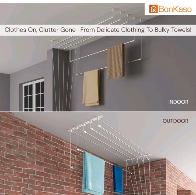 BonKaso Heavy Duty Stainless Steel Ceiling Cloth Dryer (6 Feet x 6 Pipes) | (180D x 72W x 10H cm) UV Protected Nylon Ropes | Drop Down Clothes Stand for Drying | Space-Saving Clothes Hanger for Home