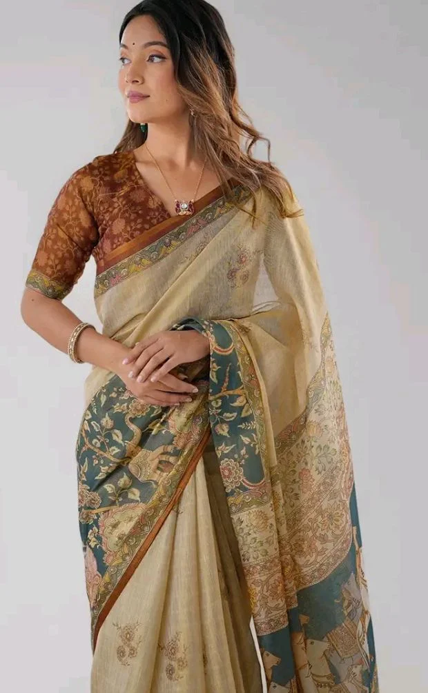 SIRIL Women's Cotton Linen Kalamkari Printed Handloom Saree with Unstitched Blouse Piece
50+ bought in past month