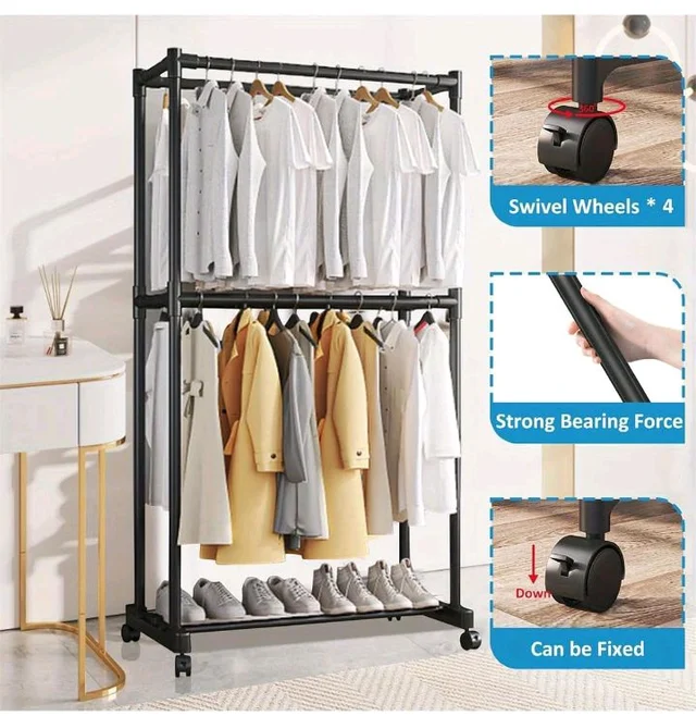Owme Heavy Duty Metal Garment Rack with Wheels | Portable Clothes Hanging Stand | Rolling Clothing Rack for Bedroom, Laundry & Retail Store | Space Saving Cloth Stand - METAL BLACK, DOUBLE STAND
50+ bou