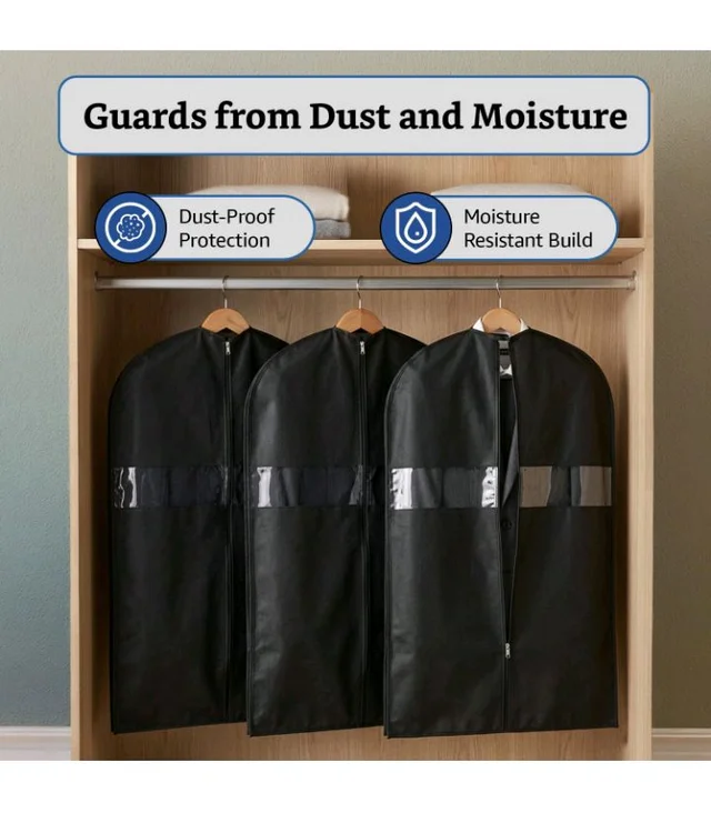 Non-Woven Suit, Coat, Jacket Cover | 120 GSM | Clear Window | Long Zip | 40 x 24 Inches | Pack of 5 (Black)
49%
off