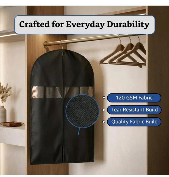 Non-Woven Suit, Coat, Jacket Cover | 120 GSM | Clear Window | Long Zip | 40 x 24 Inches | Pack of 5 (Black)
49%
off
