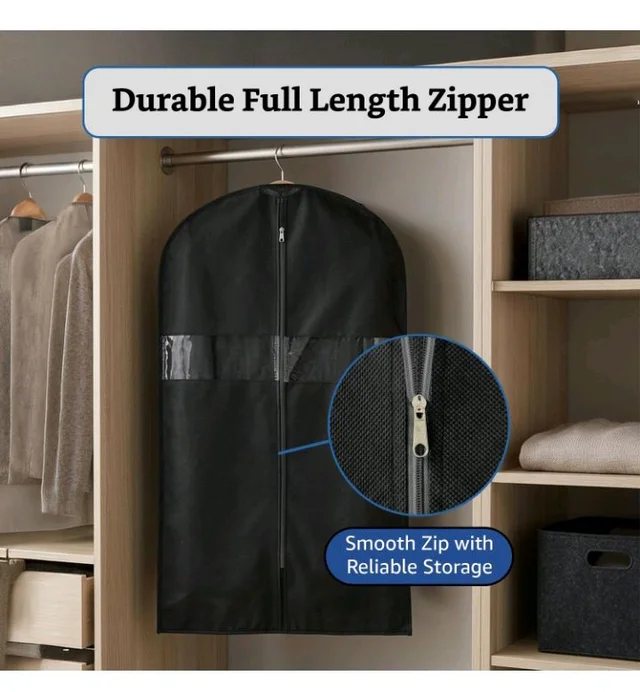 Non-Woven Suit, Coat, Jacket Cover | 120 GSM | Clear Window | Long Zip | 40 x 24 Inches | Pack of 5 (Black)
49%
off