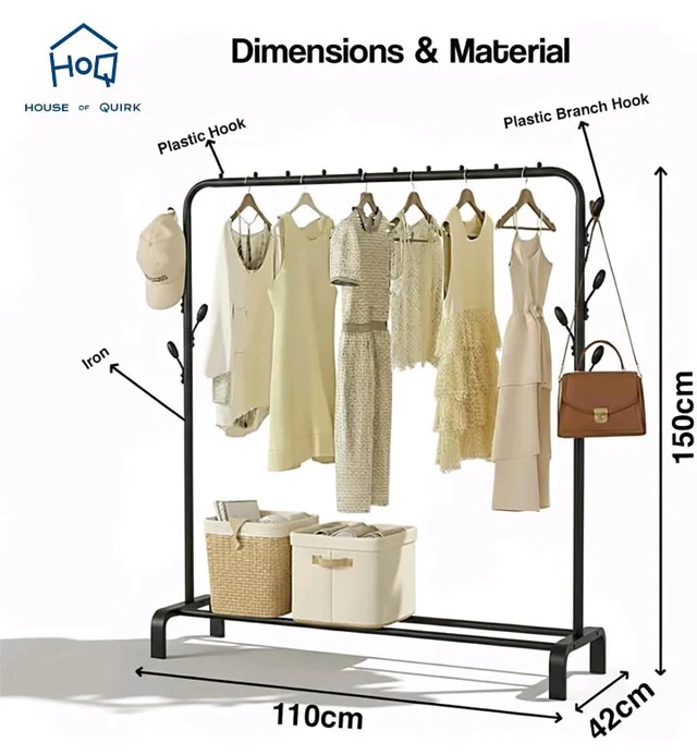 House of Quirk Heavy Duty Iron Garment Rack with 8 Branch Hooks – Freestanding Clothes Organizer Stand with Top Rod & Bottom Shelf for Bedroom & Entryway (Black, 150×42×110 cm)
1K+ bought in past month