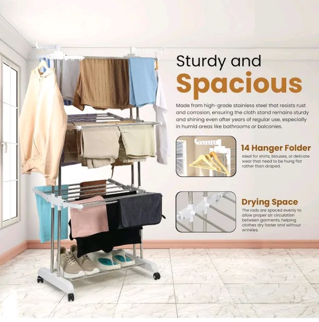 Houseware Heavy Duty Stainless Steel 3 Tier Cloth Drying Stand with Wheels | Large Clothes Dryer & Laundry Rack | 43.2D x 78.7W x 165H cm | 5kg | Rustproof & Portable(White Stand)
60%
off