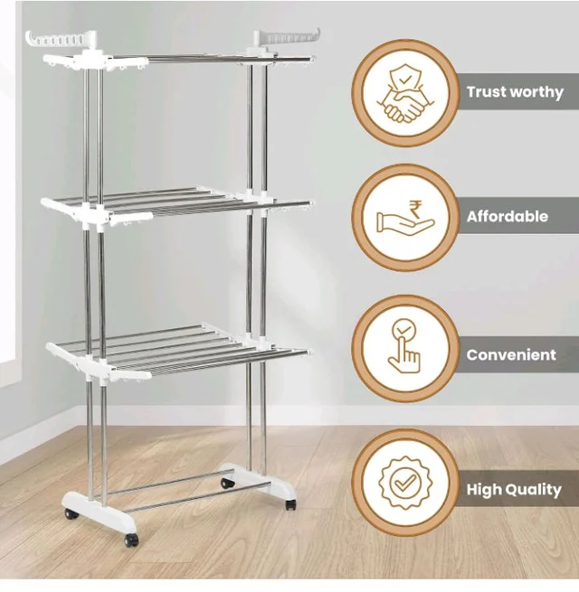 Houseware Heavy Duty Stainless Steel 3 Tier Cloth Drying Stand with Wheels | Large Clothes Dryer & Laundry Rack | 43.2D x 78.7W x 165H cm | 5kg | Rustproof & Portable(White Stand)
60%
off
