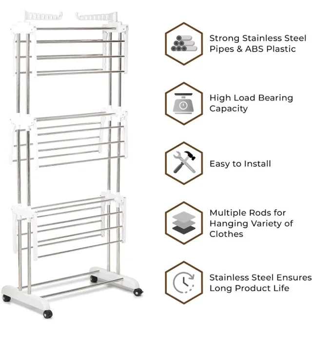 Houseware Heavy Duty Stainless Steel 3 Tier Cloth Drying Stand with Wheels | Large Clothes Dryer & Laundry Rack | 43.2D x 78.7W x 165H cm | 5kg | Rustproof & Portable(White Stand)
60%
off