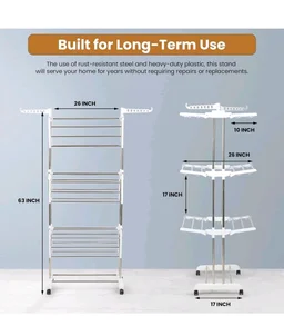 Houseware Heavy Duty Stainless Steel 3 Tier Cloth Drying Stand with Wheels | Large Clothes Dryer & Laundry Rack | 43.2D x 78.7W x 165H cm | 5kg | Rustproof & Portable(White Stand)
60%
off