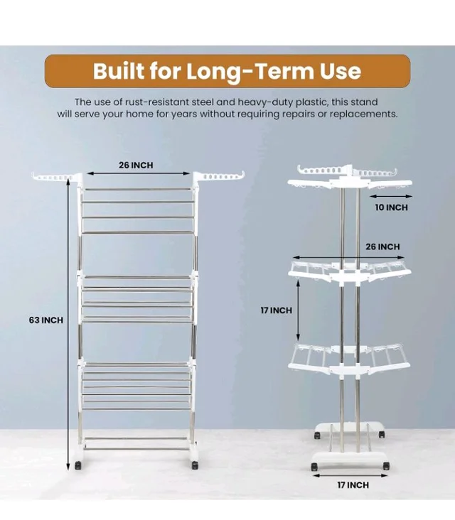 Houseware Heavy Duty Stainless Steel 3 Tier Cloth Drying Stand with Wheels | Large Clothes Dryer & Laundry Rack | 43.2D x 78.7W x 165H cm | 5kg | Rustproof & Portable(White Stand)
60%
off