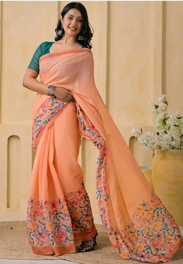 SIRIL Women's Cotton Linen Printed Saree with Unstitched Blouse Piece