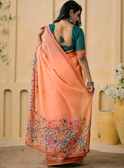SIRIL Women's Cotton Linen Printed Saree with Unstitched Blouse Piece