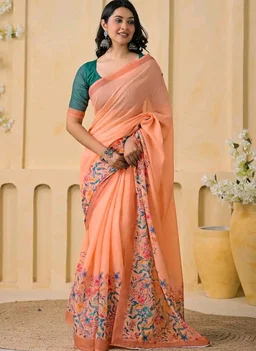 SIRIL Women's Cotton Linen Printed Saree with Unstitched Blouse Piece