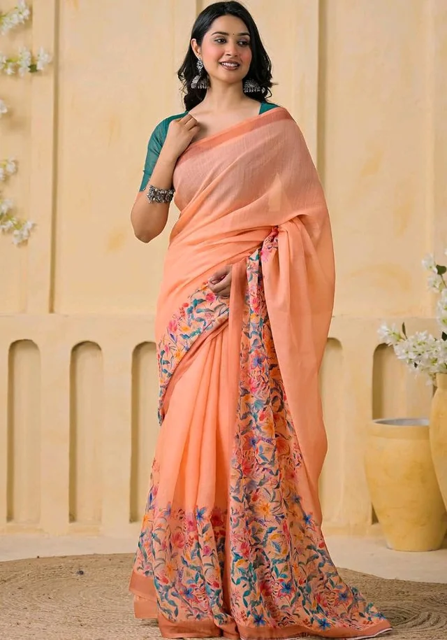 SIRIL Women's Cotton Linen Printed Saree with Unstitched Blouse Piece