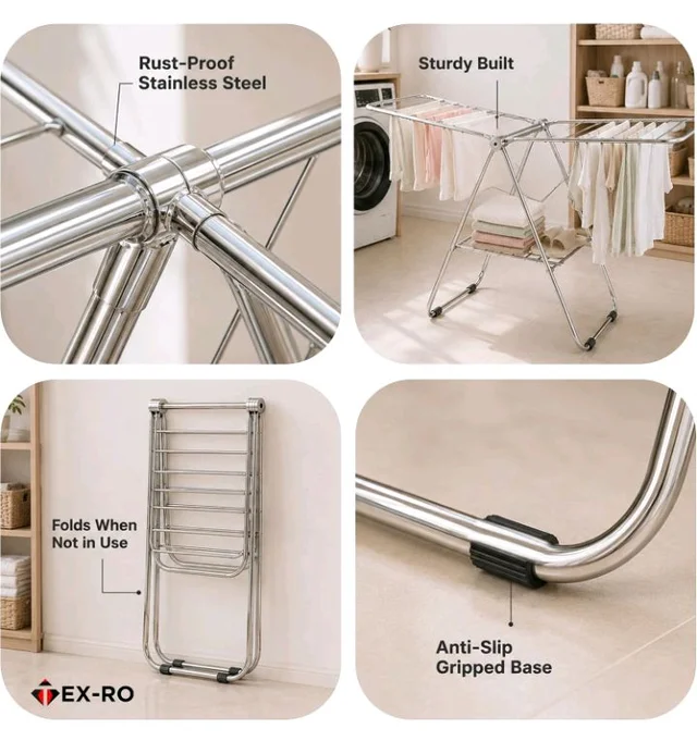 TEX-RO Butterfly Clothes Drying Stand Foldable | Stainless Steel Cloth Dryer Stand with Large Drying Rack | Clothes Hanging Stand for Indoor & Outdoor Use | Heavy Duty Cloth Stand for Drying Clothes