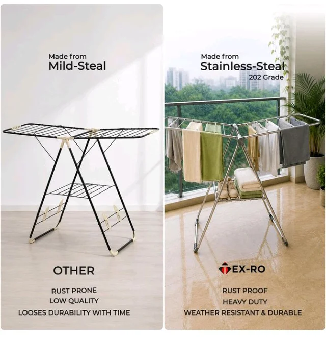 TEX-RO Butterfly Clothes Drying Stand Foldable | Stainless Steel Cloth Dryer Stand with Large Drying Rack | Clothes Hanging Stand for Indoor & Outdoor Use | Heavy Duty Cloth Stand for Drying Clothes