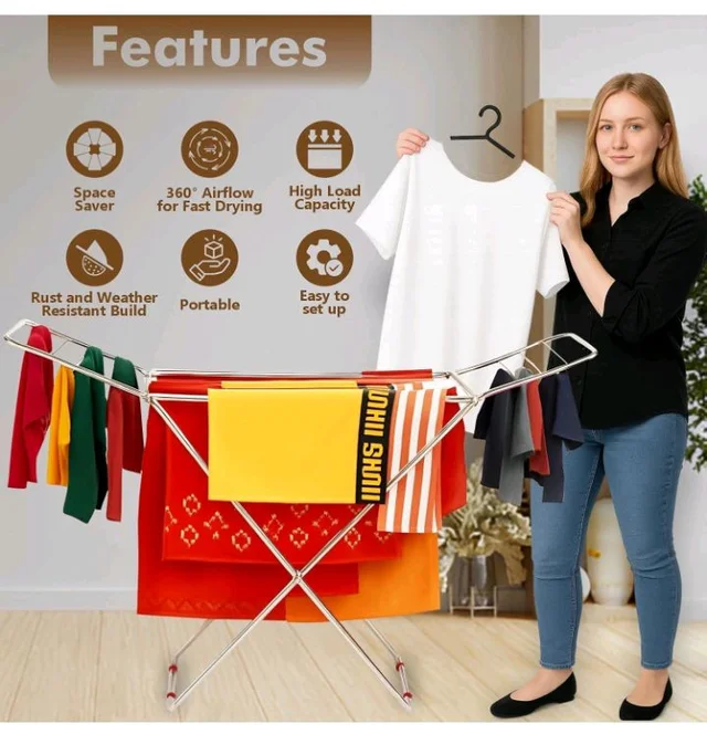 FRESH Stainless Steel Foldable Clothes Drying Stand/58 Feet Drying Rack with Drying Rails/Portable Cloth Dryer Stand for Laundry/