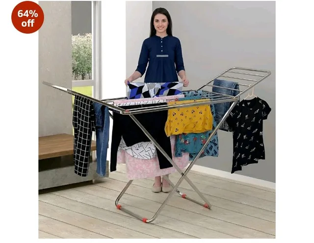 LiMETRO STEEL Stainless Steel Foldable Cloth Dryer Stand Double Rack Cloth Stands for Drying Clothes Steel (Cross), 120x54x4 cm