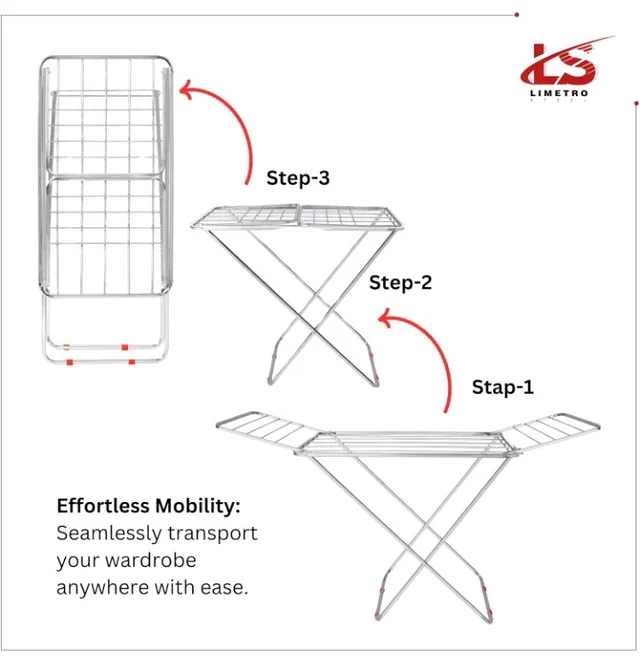 LiMETRO STEEL Stainless Steel Foldable Cloth Dryer Stand Double Rack Cloth Stands for Drying Clothes Steel (Cross), 120x54x4 cm
