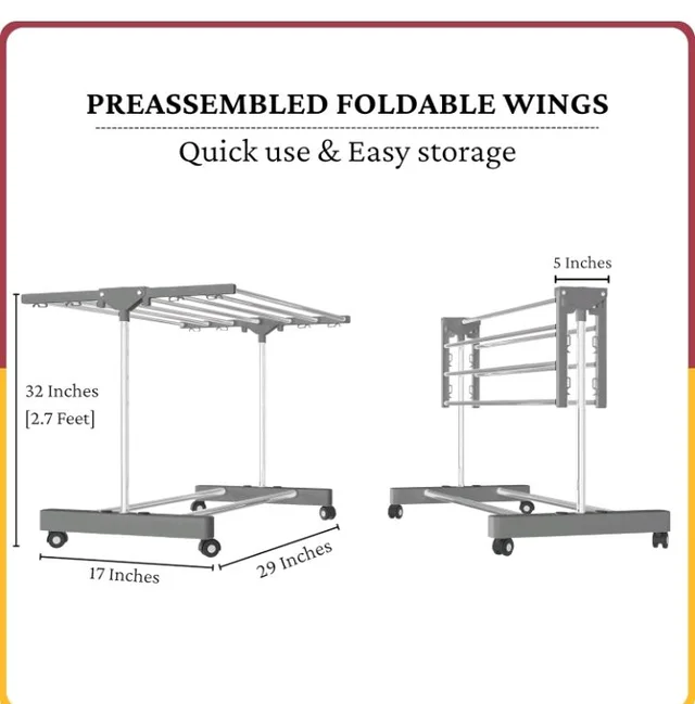 Amiraj Premium Stainless Steel Clothes Drying Stand | 1 Tier 1 Pole Foldable Laundry Rack with Wheels & Sock Holder | Heavy Duty Indoor & Outdoor Cloth Dryer for Balcony, Terrace & Home - Gray
500+ bought in past month