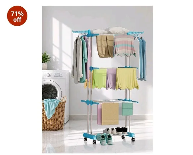 LIVINGBASICS 3 Layer Clothes Drying Stand/Cloth Dryer Stand, Cyan Blue
Easy Installation, Foldable Wings, Locking Wheels, Stainless Steel Pipes, Plastic Parts