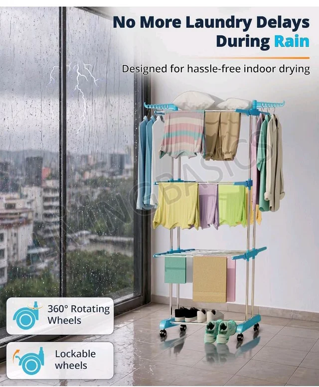 LIVINGBASICS 3 Layer Clothes Drying Stand/Cloth Dryer Stand, Cyan Blue
Easy Installation, Foldable Wings, Locking Wheels, Stainless Steel Pipes, Plastic Parts