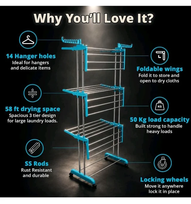 LIVINGBASICS 3 Layer Clothes Drying Stand/Cloth Dryer Stand, Cyan Blue
Easy Installation, Foldable Wings, Locking Wheels, Stainless Steel Pipes, Plastic Parts