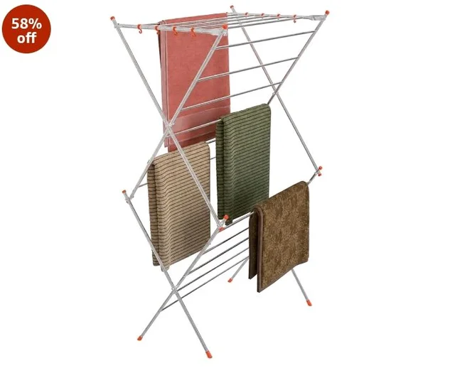 BonKaso Premium 3-Layer Foldable Clothes Drying Stand with 16 Rods & 8 Hooks | Heavy-Duty Stainless Steel Laundry Drying Rack for Indoor, Outdoor & Balcony Use (Red)