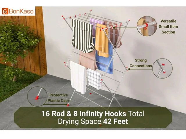 BonKaso Premium 3-Layer Foldable Clothes Drying Stand with 16 Rods & 8 Hooks | Heavy-Duty Stainless Steel Laundry Drying Rack for Indoor, Outdoor & Balcony Use (Red)
