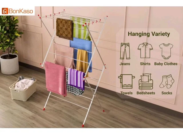 BonKaso Premium 3-Layer Foldable Clothes Drying Stand with 16 Rods & 8 Hooks | Heavy-Duty Stainless Steel Laundry Drying Rack for Indoor, Outdoor & Balcony Use (Red)