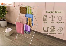 BonKaso Premium 3-Layer Foldable Clothes Drying Stand with 16 Rods & 8 Hooks | Heavy-Duty Stainless Steel Laundry Drying Rack for Indoor, Outdoor & Balcony Use (Red)