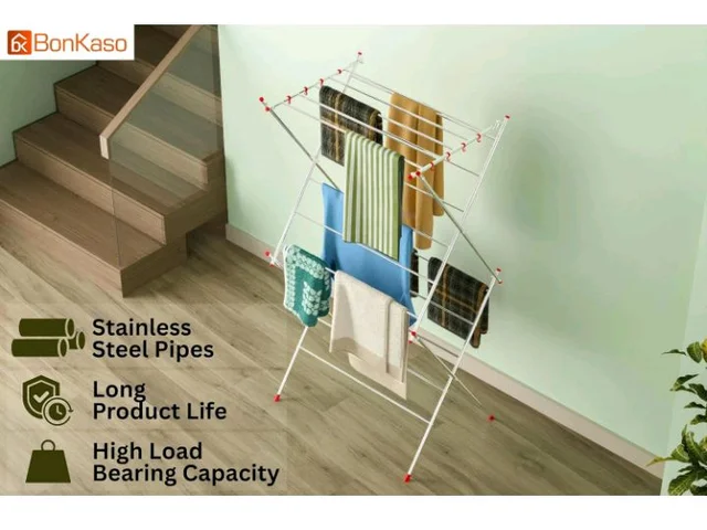 BonKaso Premium 3-Layer Foldable Clothes Drying Stand with 16 Rods & 8 Hooks | Heavy-Duty Stainless Steel Laundry Drying Rack for Indoor, Outdoor & Balcony Use (Red)
